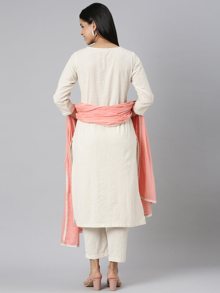 Neerus White solid straight suit set with dupatta - side view