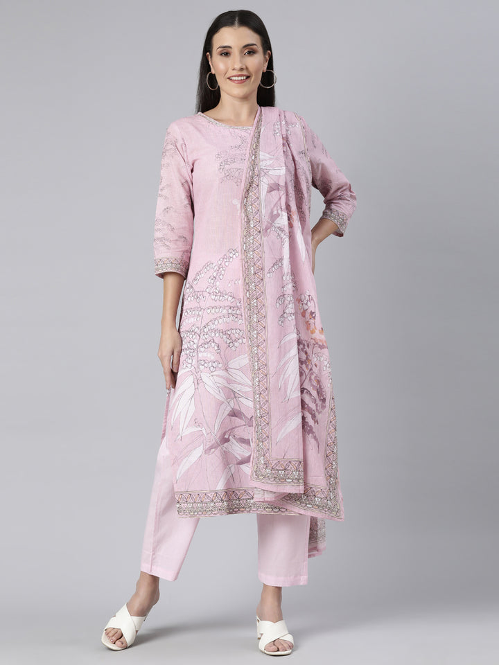 Neerus Pink Regular Straight Floral Kurta And  Trousers With Dupatta