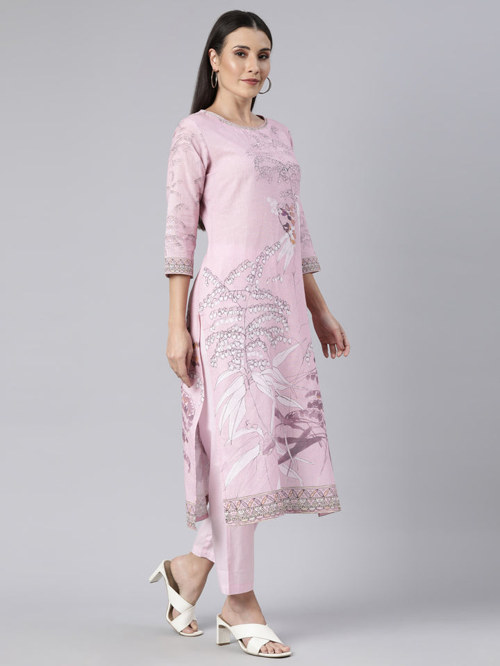 Neerus Pink Regular Straight Floral Kurta And  Trousers With Dupatta