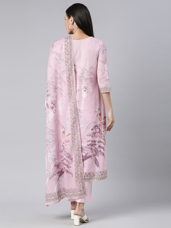 Neerus Pink Regular Straight Floral Kurta And  Trousers With Dupatta