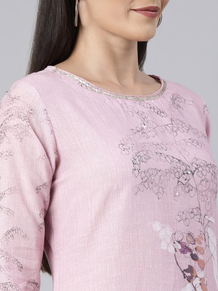 Neerus Pink Regular Straight Floral Kurta And  Trousers With Dupatta