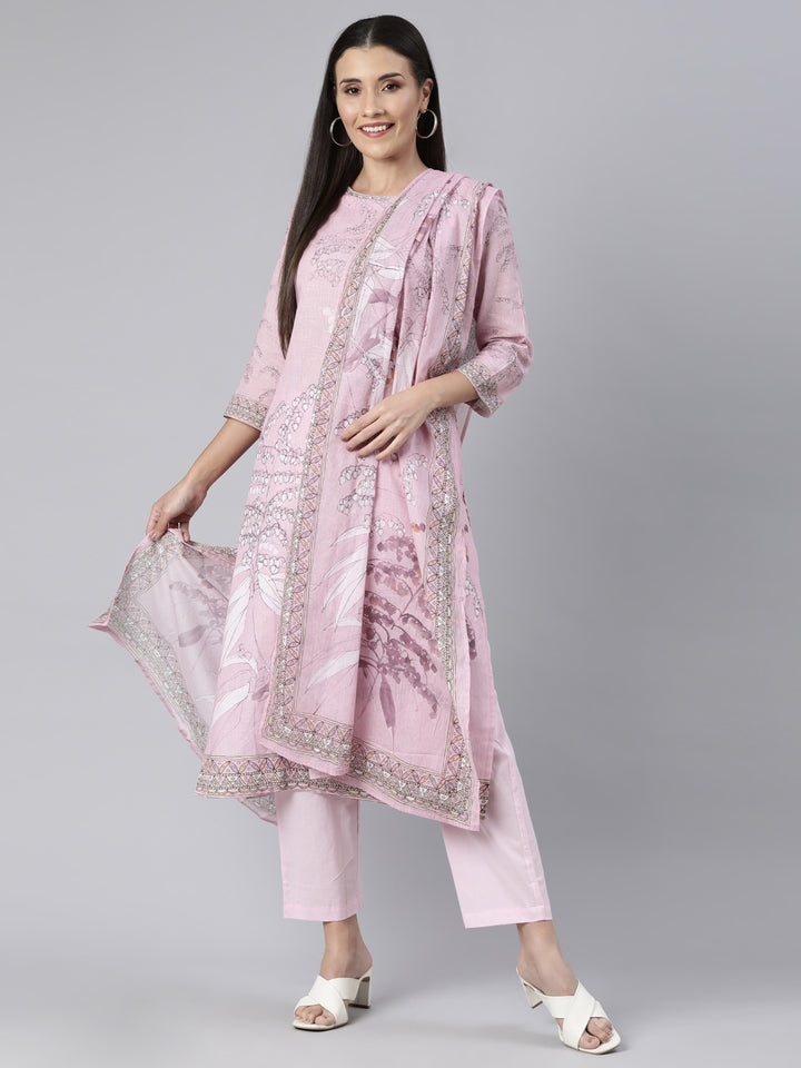 Neerus Pink Regular Straight Floral Kurta And  Trousers With Dupatta