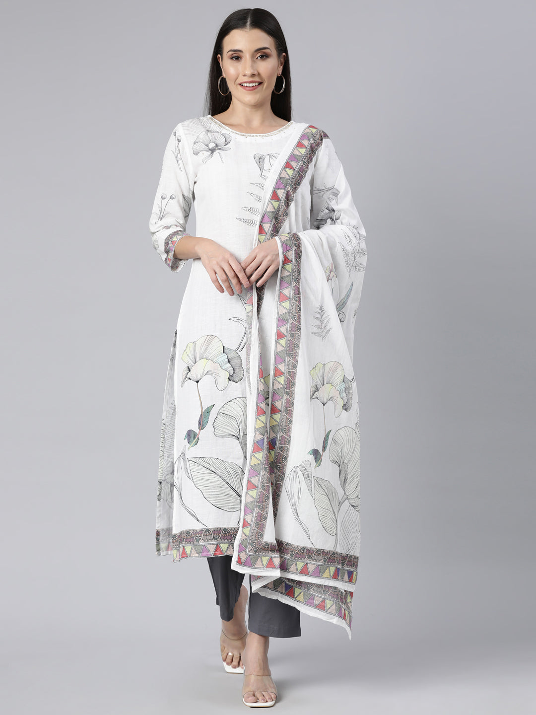 Neerus White floral printed straight suit set - front view