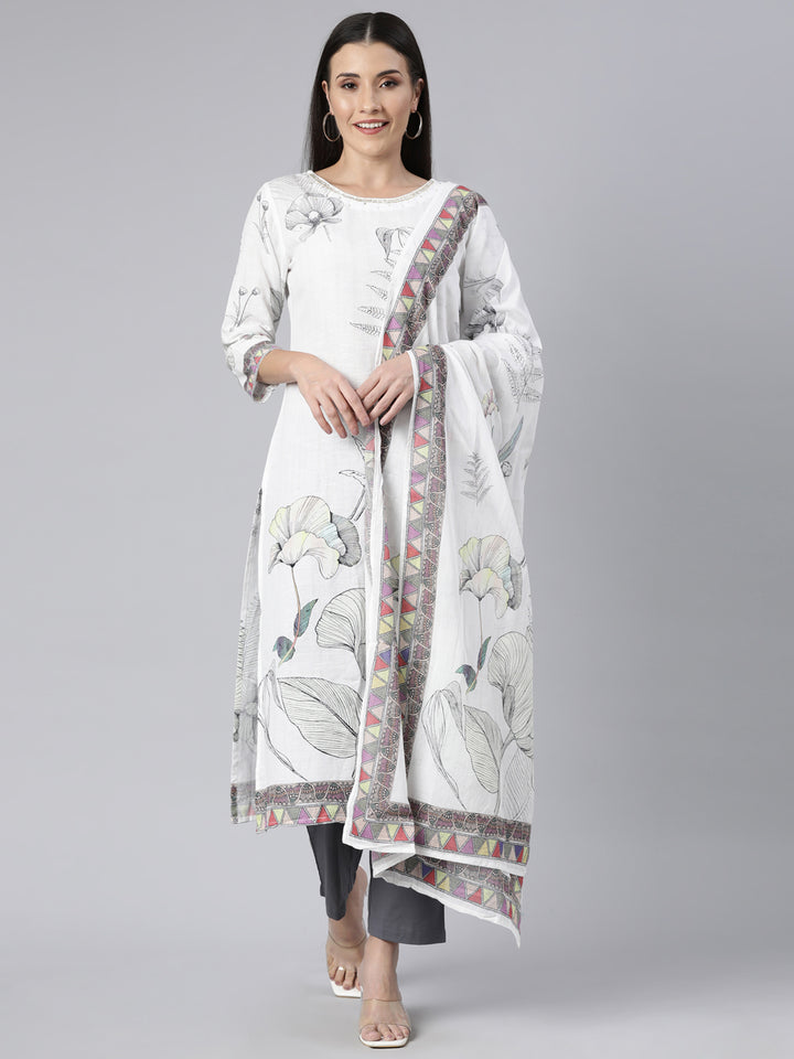 Neerus White floral printed straight suit set - front view