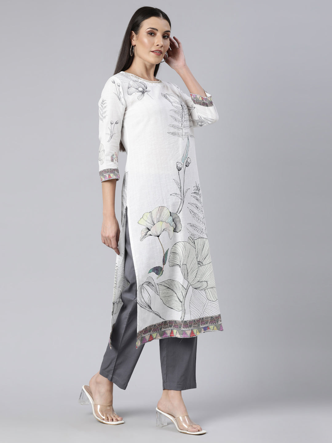 Neerus White floral printed straight suit set - back view