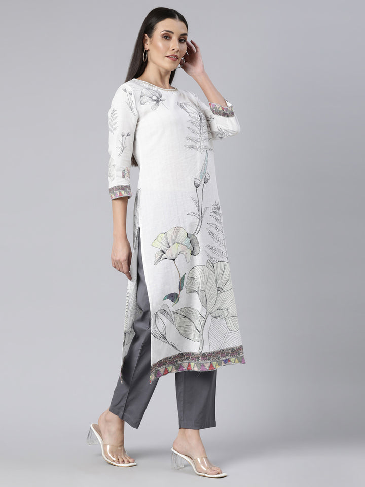 Neerus White floral printed straight suit set - back view