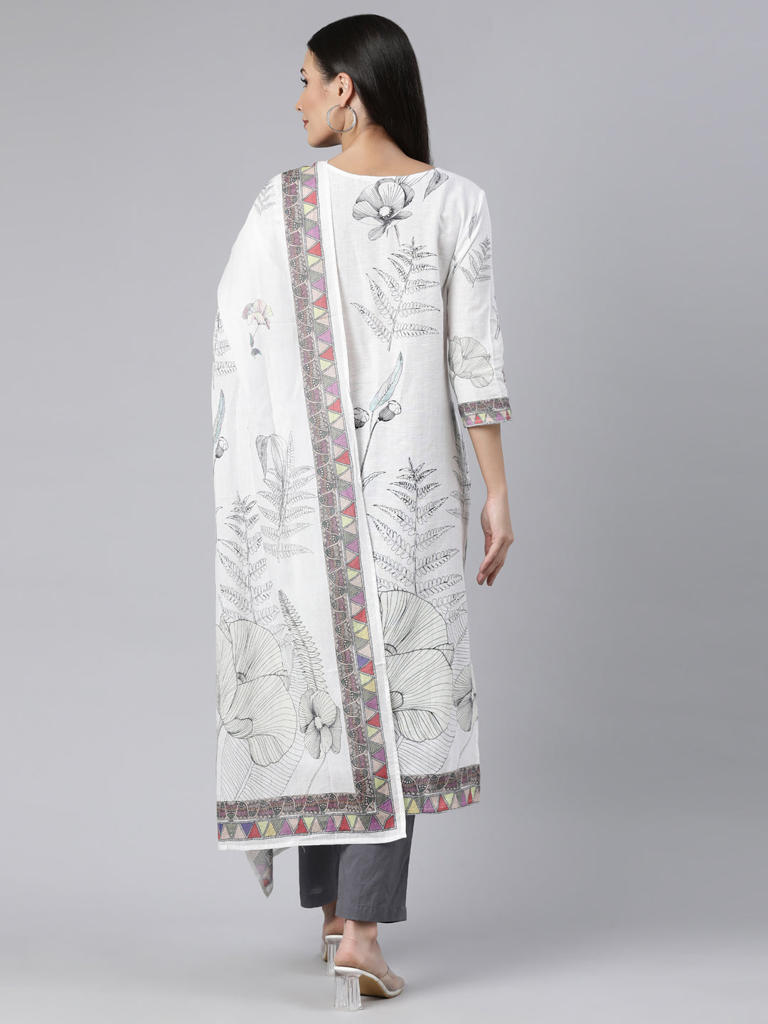 Neerus White floral printed straight suit set - side view
