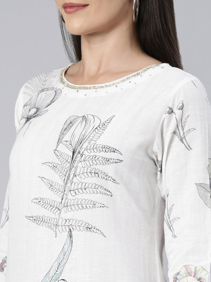 Neerus White floral printed straight suit set - detail view 1