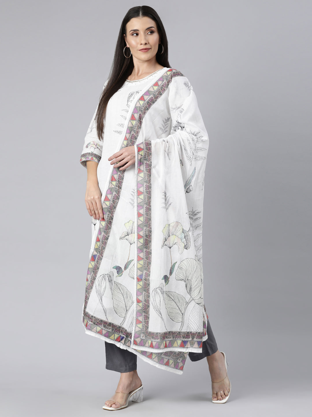 Neerus White floral printed straight suit set - detail view 2