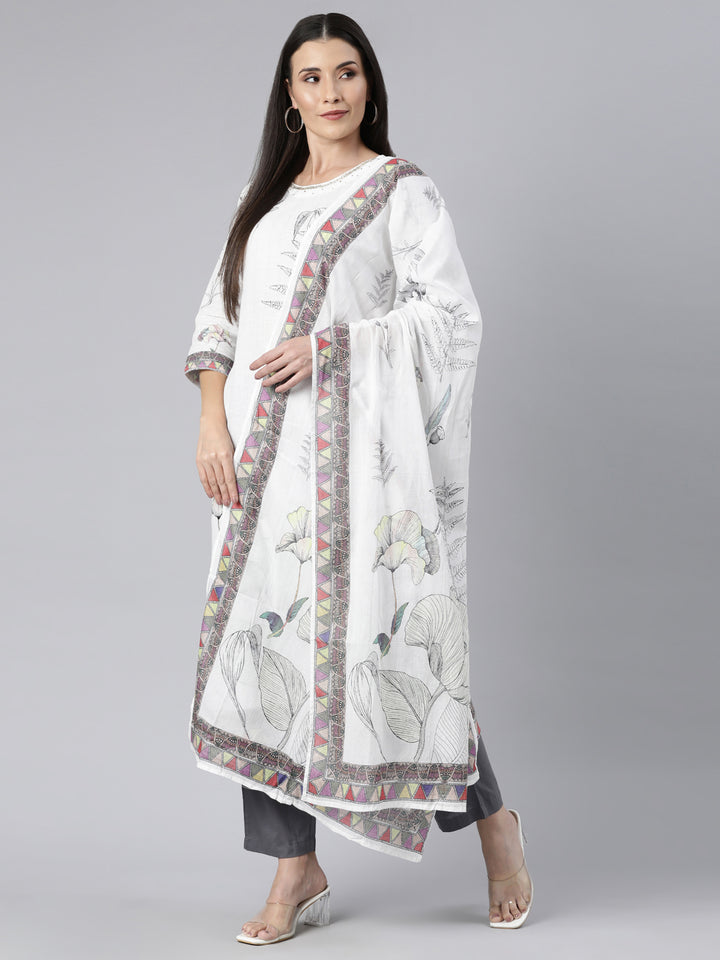 Neerus White floral printed straight suit set - detail view 2
