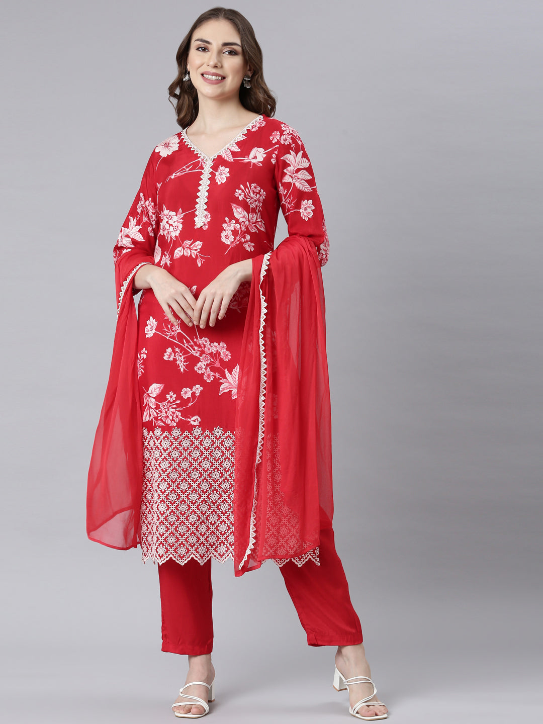 Neerus Red printed floral straight suit set - front view