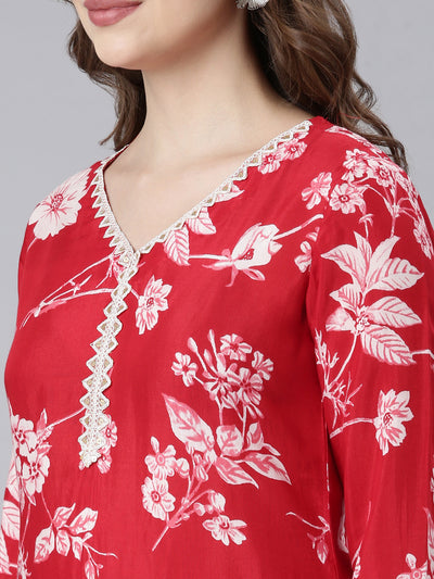 Neerus Red Panelled Straight Floral Kurta And Trousers With Dupatta