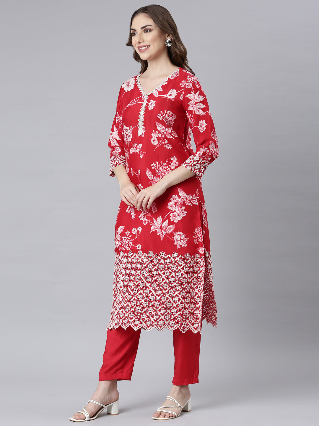 Neerus Red printed floral straight suit set - side view