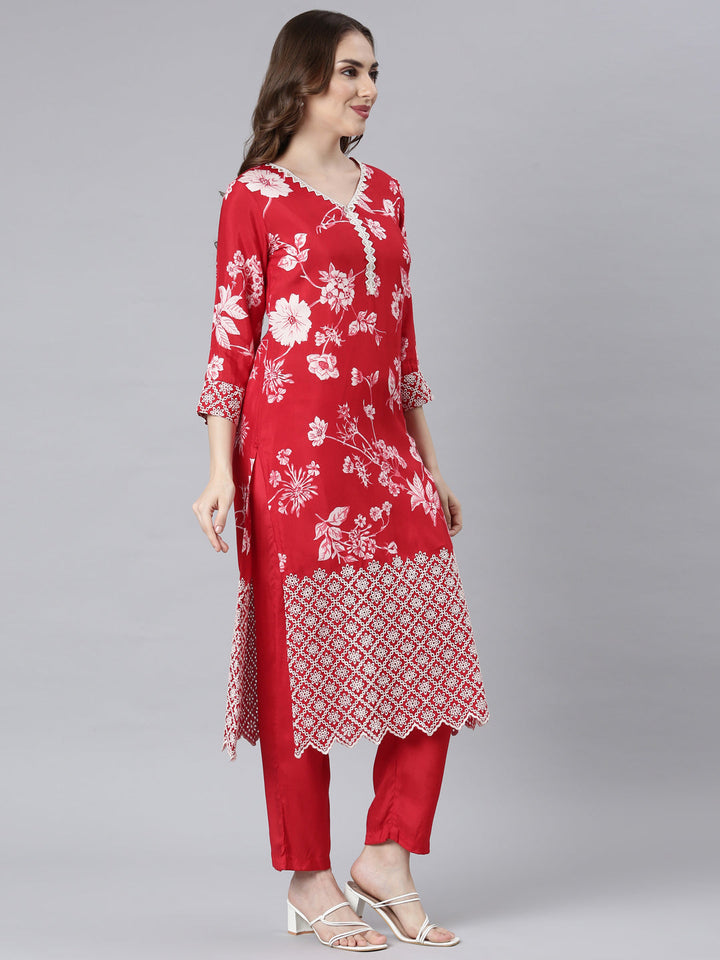 Neerus Red printed floral straight suit set - detail view 1