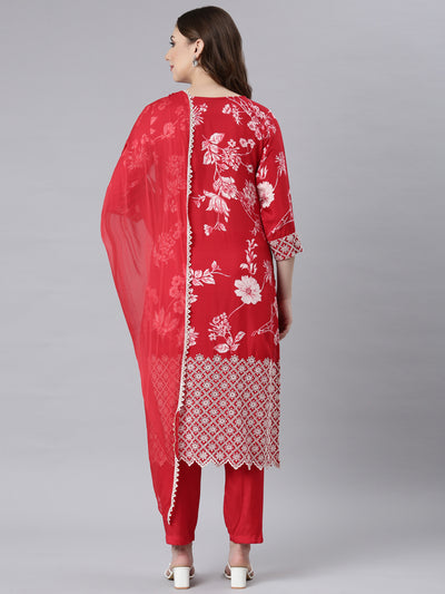 Neerus Red Panelled Straight Floral Kurta And Trousers With Dupatta
