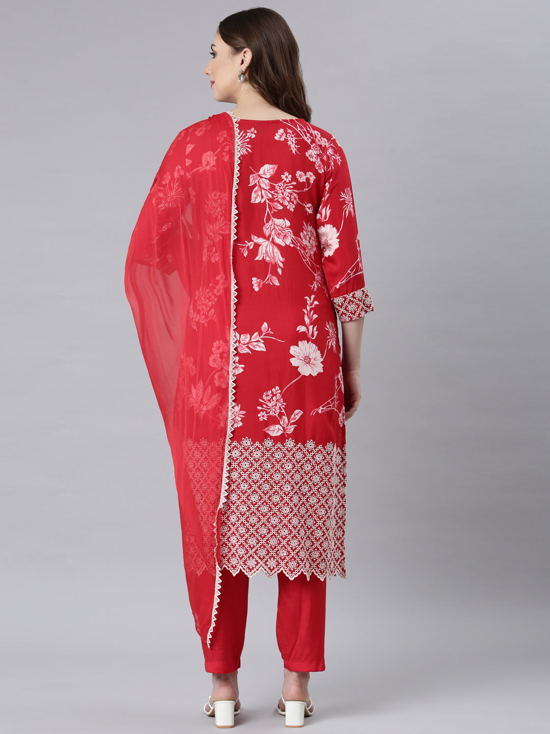 Neerus Red Panelled Straight Floral Readymade Suits