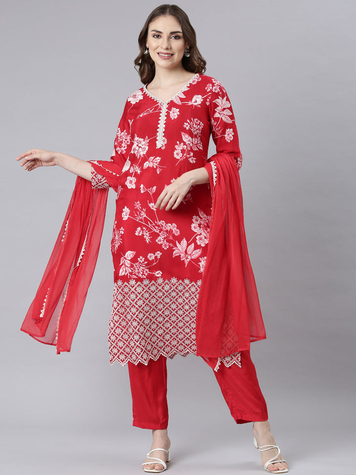 Neerus Red printed floral straight suit set - detail view 3