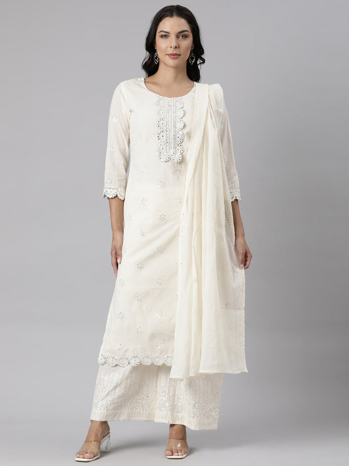 Neerus Off White Panelled Straight Solid Kurta And Palazzos With Dupatta