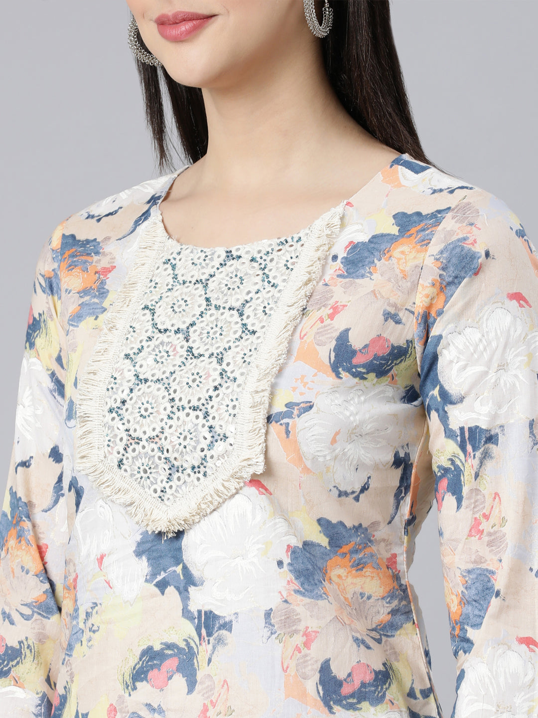 Neerus Multi Panelled Straight Printed Kurta And Trousers With Dupatta
