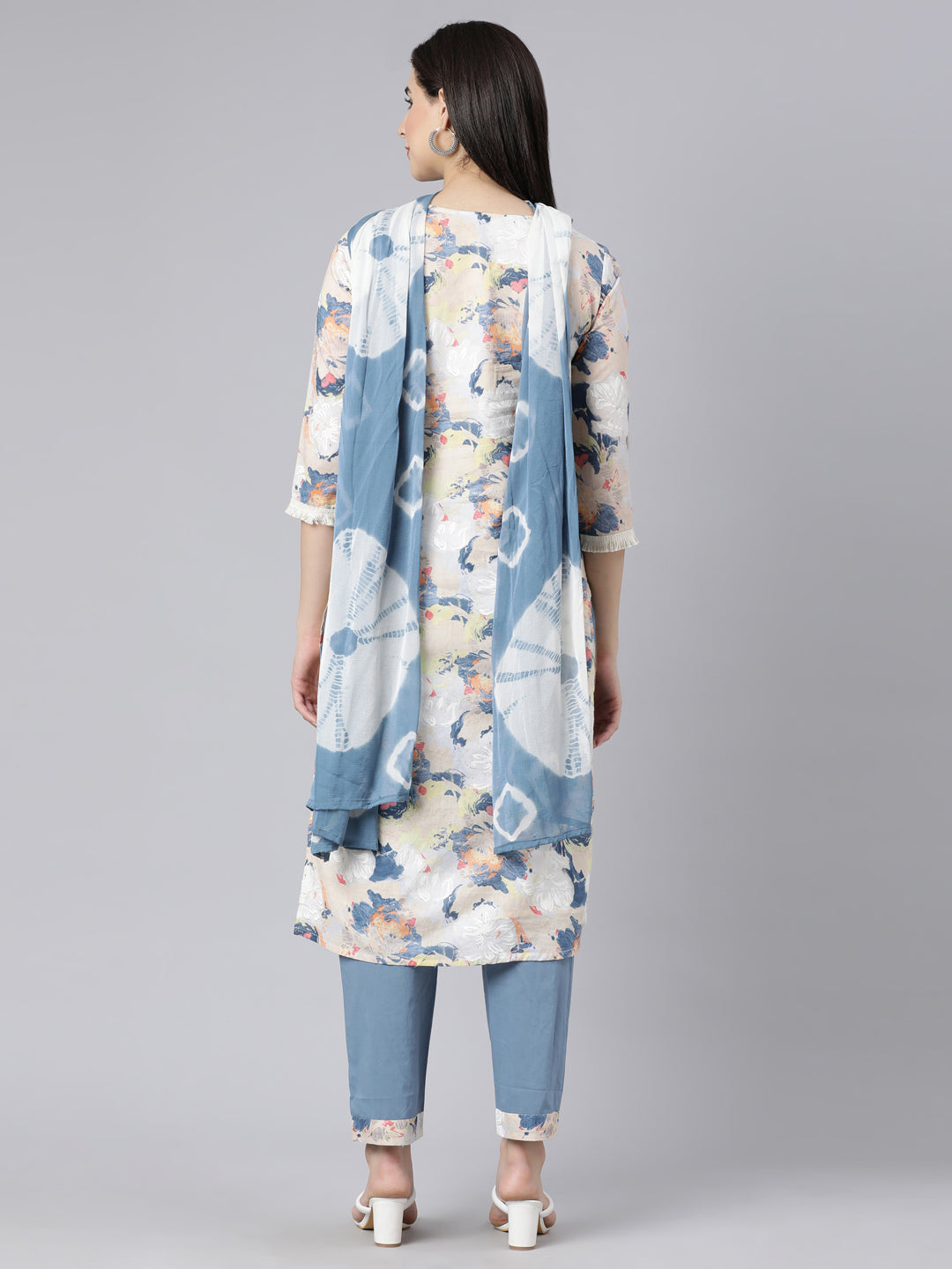 Neerus Multi Panelled Straight Printed Kurta And Trousers With Dupatta