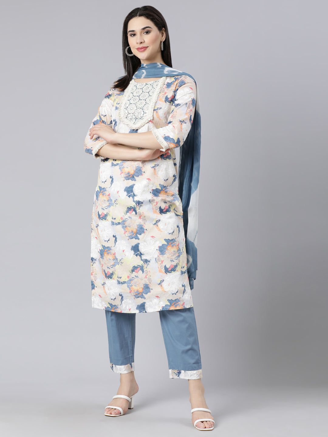 Neerus Multi Panelled Straight Printed Kurta And Trousers With Dupatta