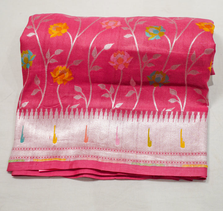 Peach Pure Handloom Tussar With Paithani Muniya Border All Over Multicolour Flowers
