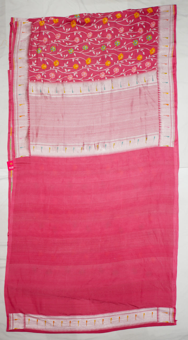 Peach Pure Handloom Tussar With Paithani Muniya Border All Over Multicolour Flowers