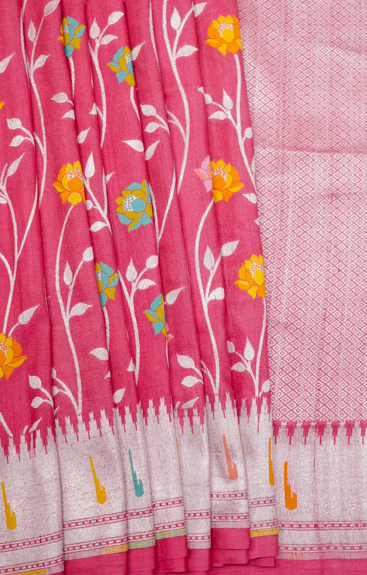 Peach Pure Handloom Tussar With Paithani Muniya Border All Over Multicolour Flowers