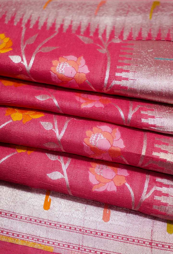 Peach Pure Handloom Tussar With Paithani Muniya Border All Over Multicolour Flowers