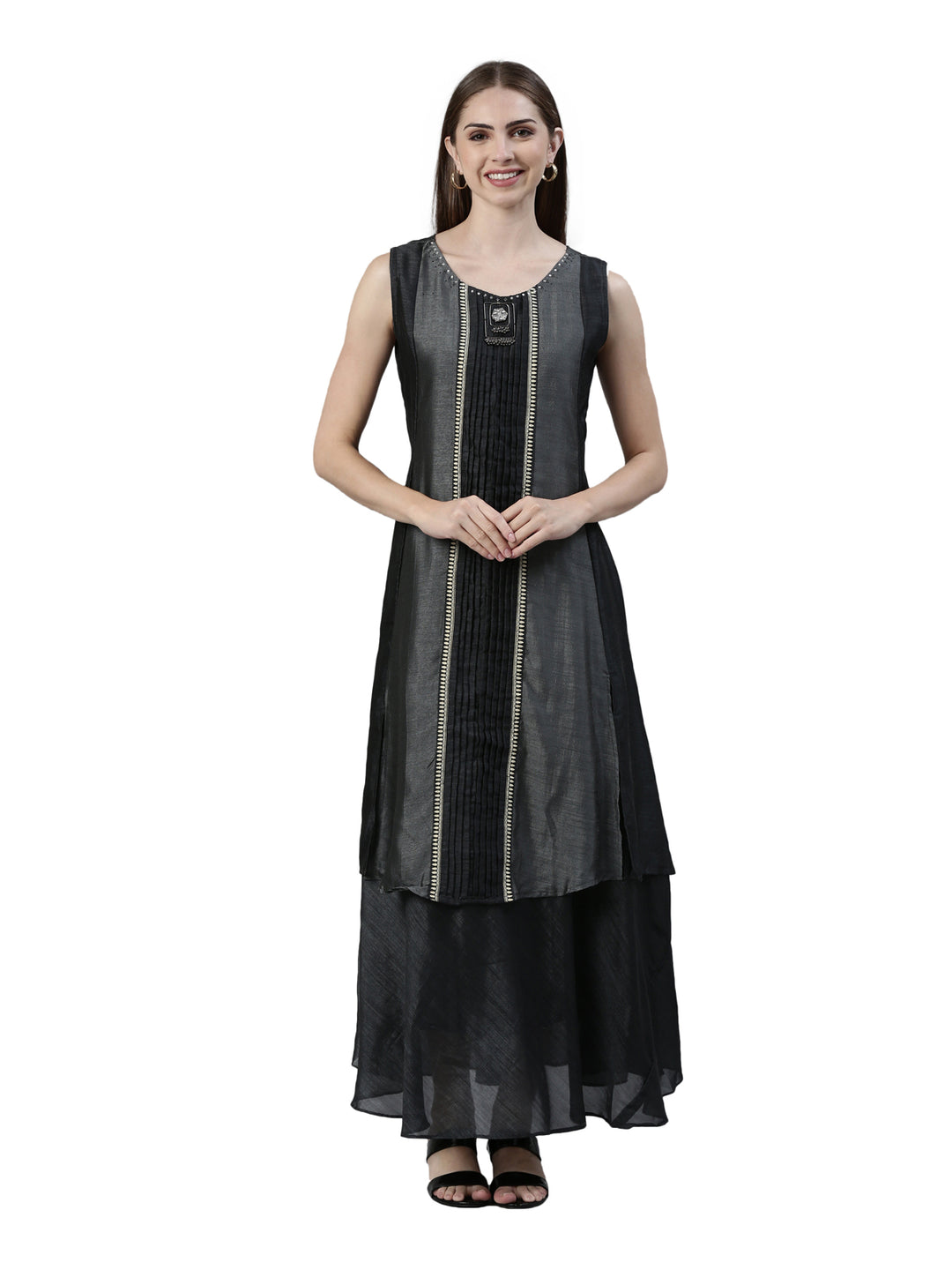 Neerus Thread Work Sleeveless Panelled A-Line Crepe Kurta