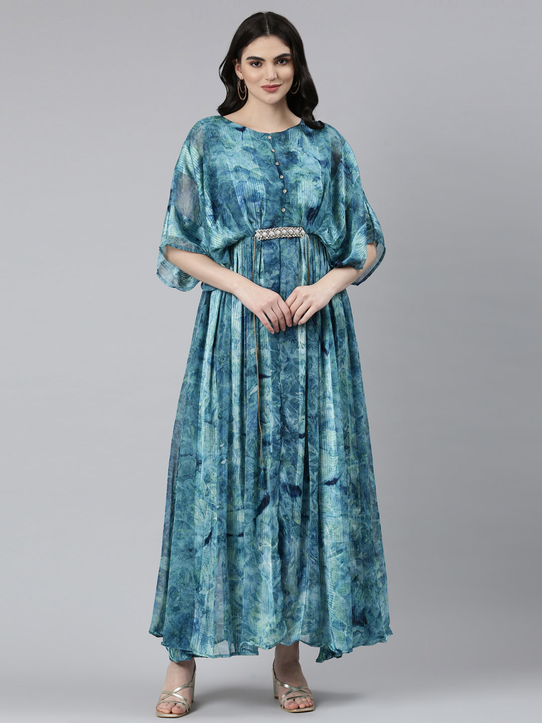 Neerus Sea Green Straight Casual Solid Gown