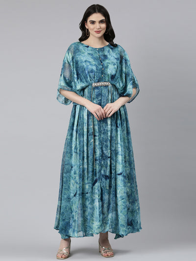 Neerus Sea Green Straight Casual Solid Gown
