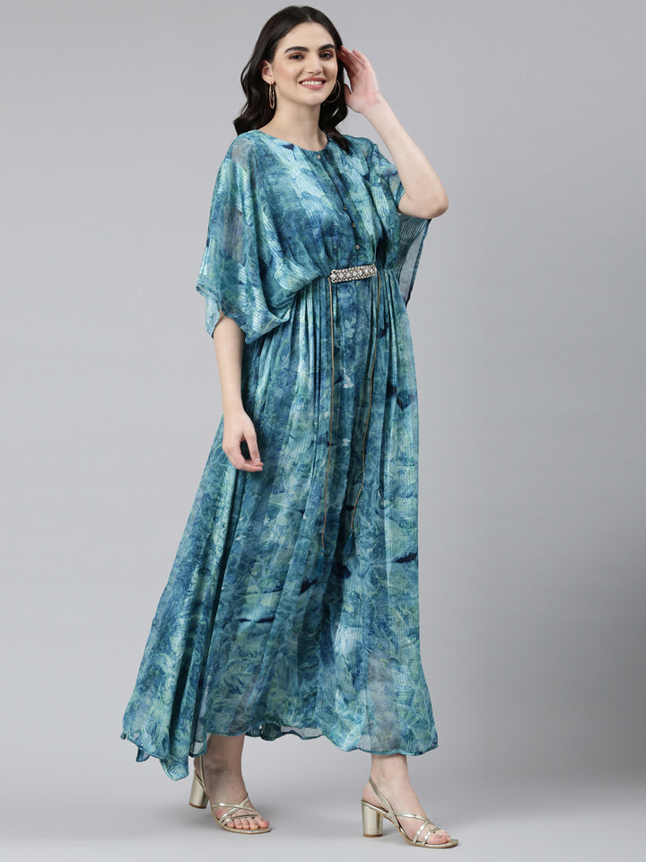 Neerus Sea Green Straight Casual Solid Dress