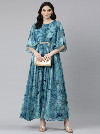 Neerus Sea Green Straight Casual Solid Gown