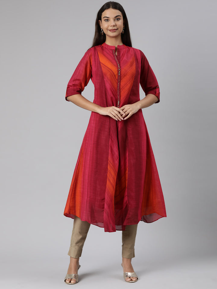 Neerus Pink rayon printed straight dress - front view
