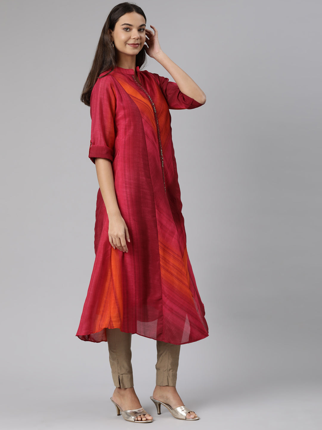 Neerus Pink rayon printed straight dress - back view