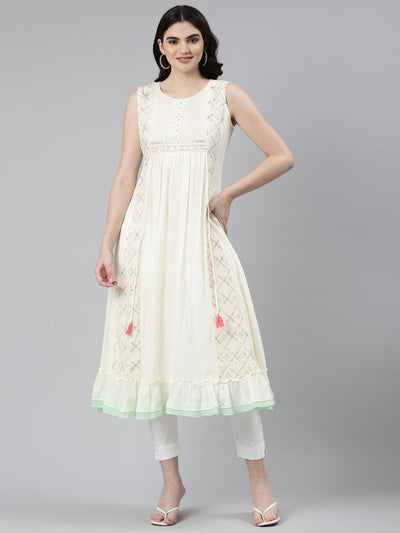 Neerus Cream Pleated Anarkali Embroidered Kurta