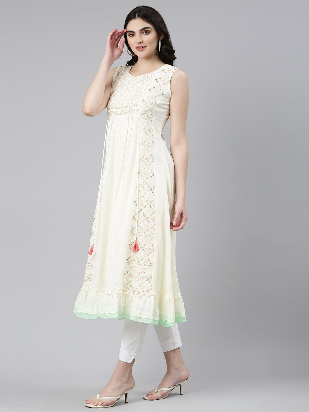 Neerus Cream Pleated Anarkali Embroidered Kurta