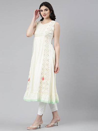 Neerus Cream Pleated Anarkali Embroidered Kurta