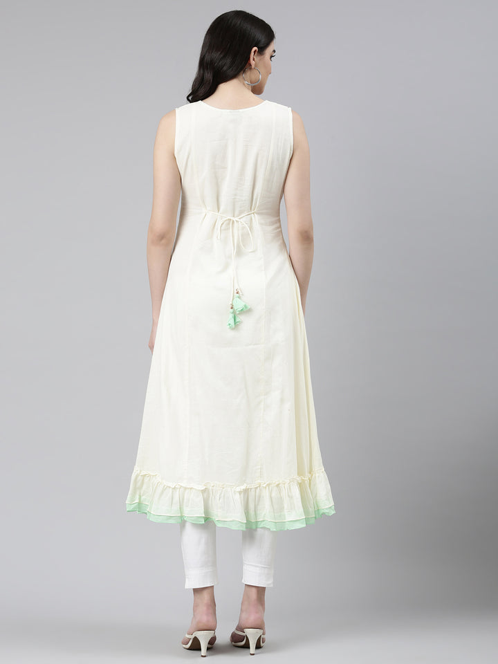 Neerus Cream Pleated Anarkali Embroidered Kurta