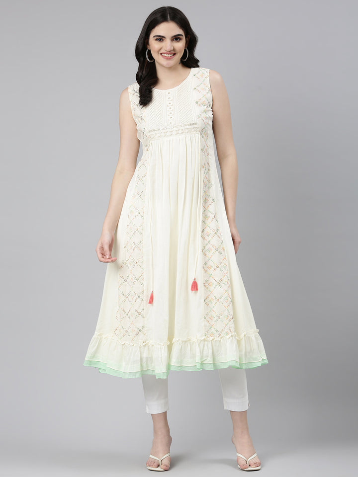 Neerus Cream Pleated Anarkali Embroidered Kurta