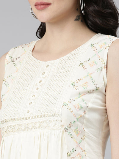 Neerus Cream Pleated Anarkali Embroidered Kurta