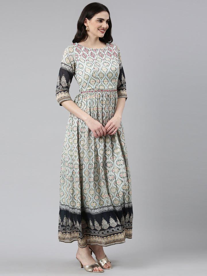 Neerus Blue Straight Casual Printed Dress