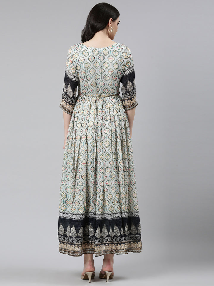 Neerus Blue Straight Casual Printed Dress