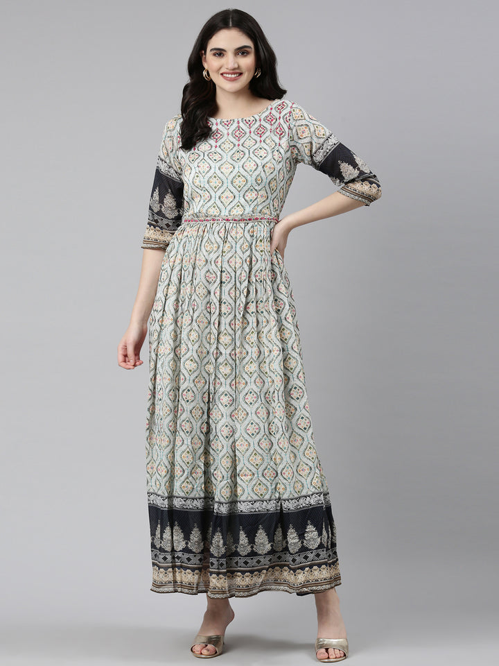 Neerus Blue Straight Casual Printed Dress