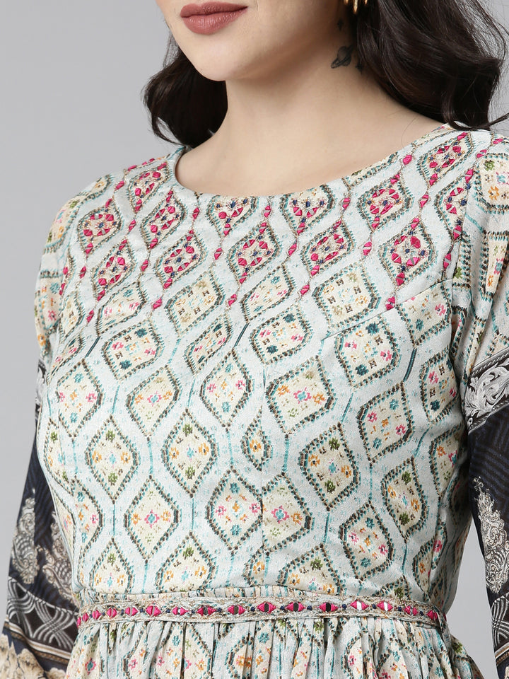 Neerus Blue Straight Casual Printed Dress