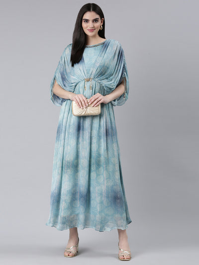 Neerus Blue Straight Casual Printed Gown