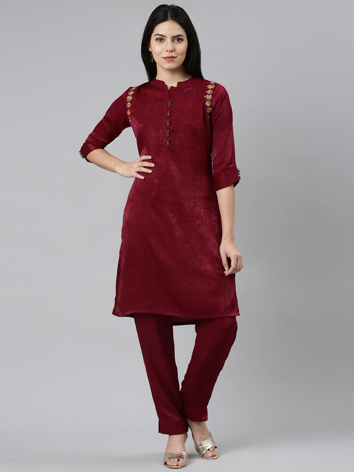 Neerus Magenta Regular Straight Solid Kurta And Trousers