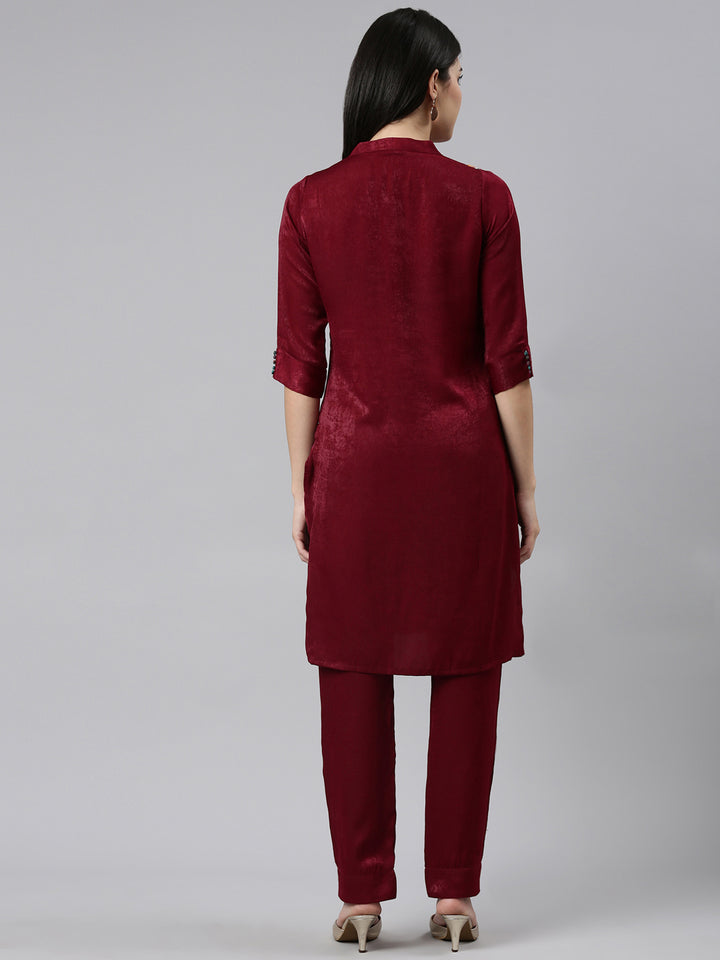 Neerus Magenta Regular Straight Solid Kurta And Trousers