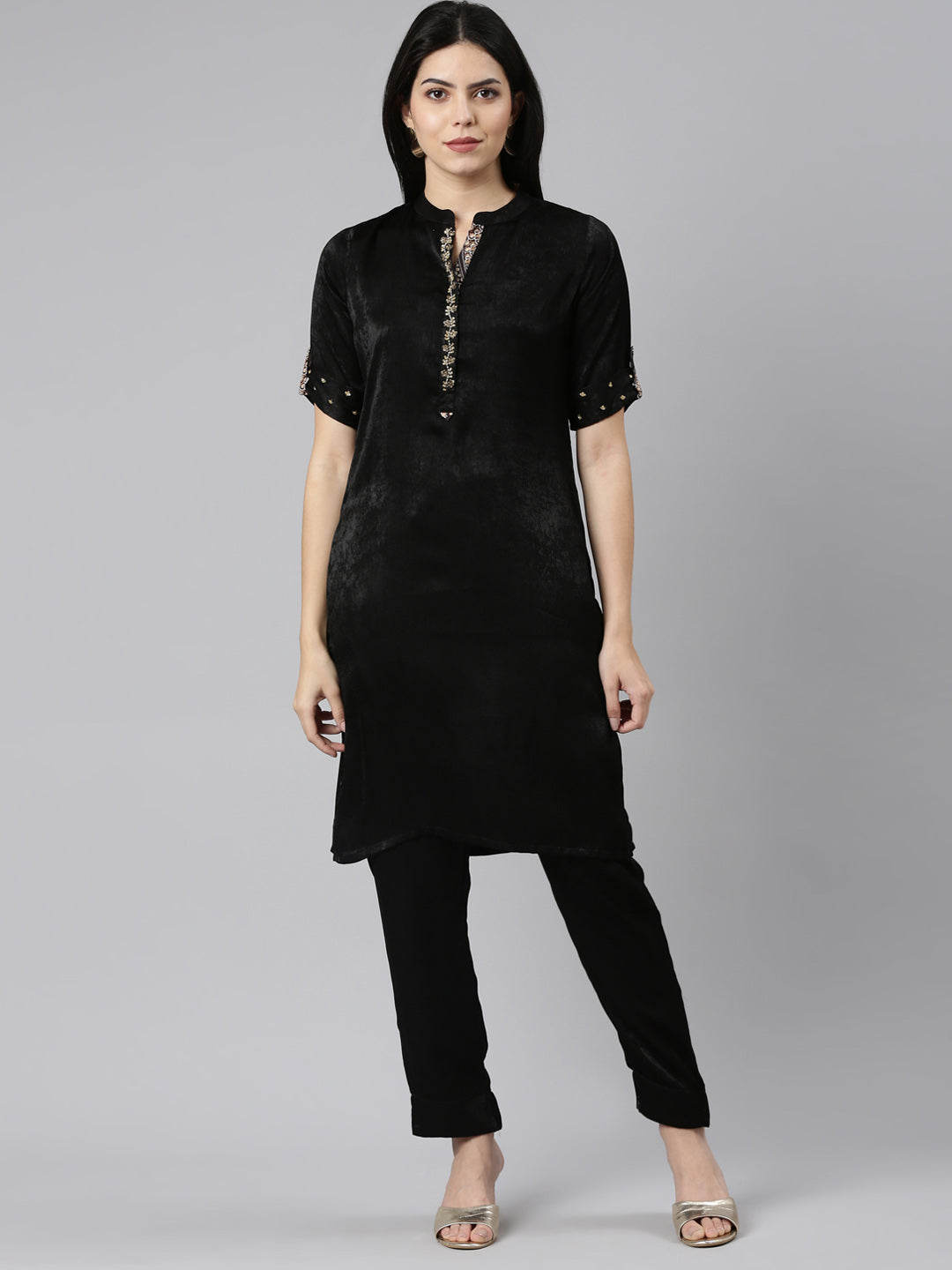 Neerus Black satin straight kurta set - front view